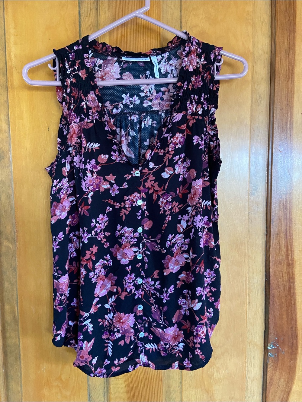 Sleeveless Floral V-Neck Camisole - Black with Pink Floral